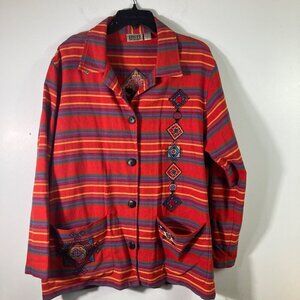 Womens Chicos Design Southwestern Embroidered Cotton Shacket Red Yellow Blue‎ M